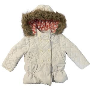 Dollhouse Girls Size 4 Hooded Puffer Coat Faux Fur Trim Coral Hearts Lining